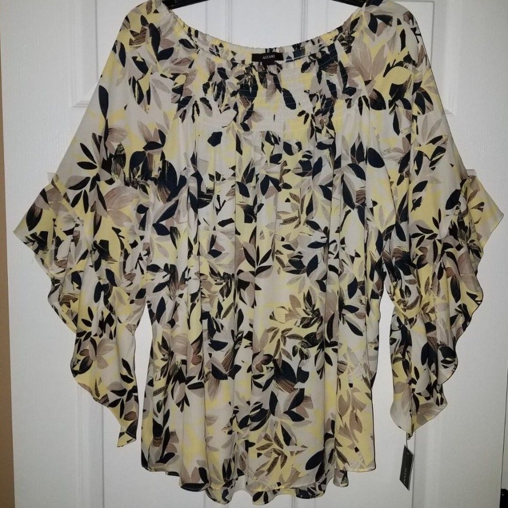 NWT ALFANI TIERED RUFFLE SLEEVE CHIFFON MODERN NATURE BRUSHED LEAVES BLOUSE 4
